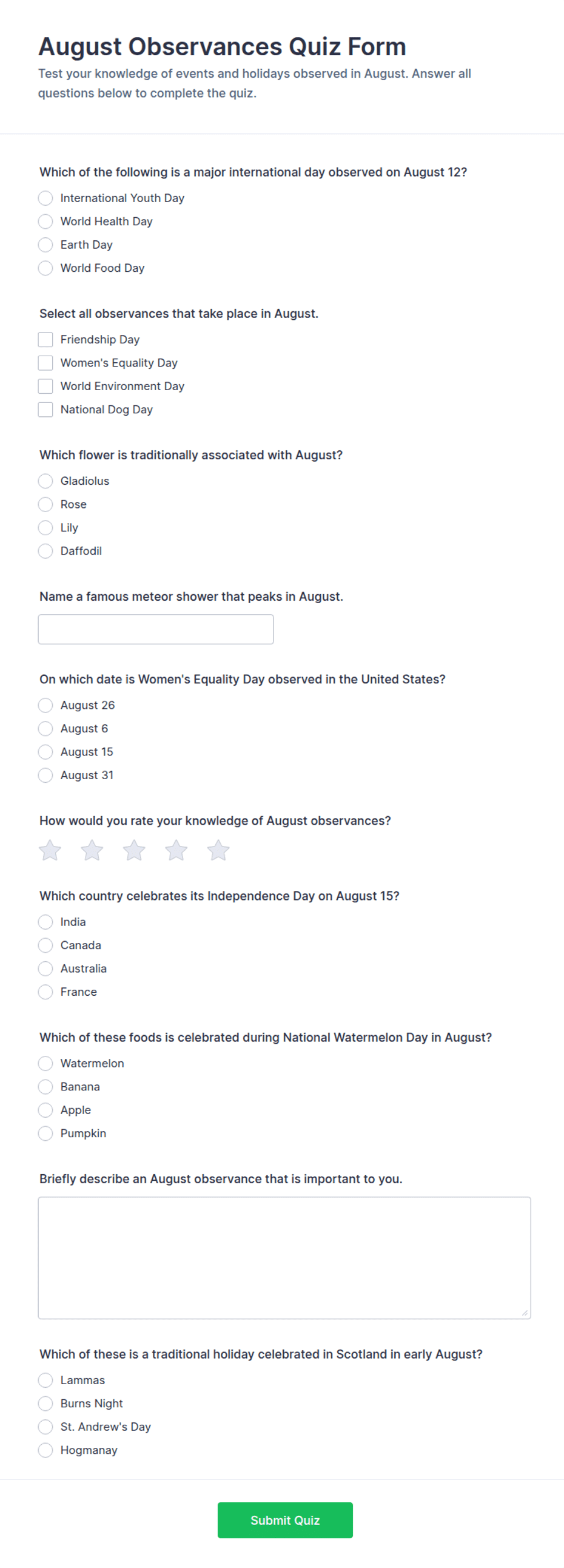August Observances Quiz Form Template | Jotform