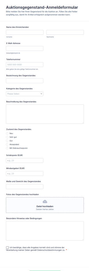 Auktionsgegenstand Anmeldeformular