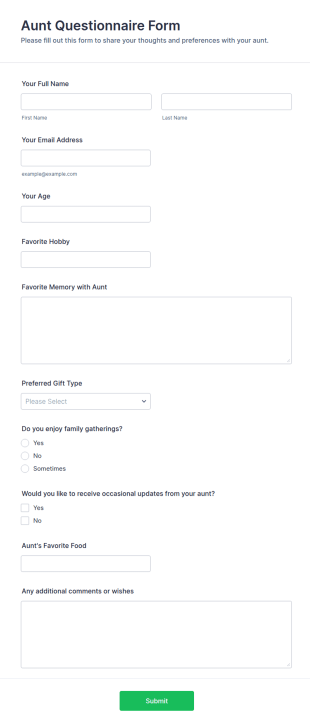 Aunt Questionnaire Form Template