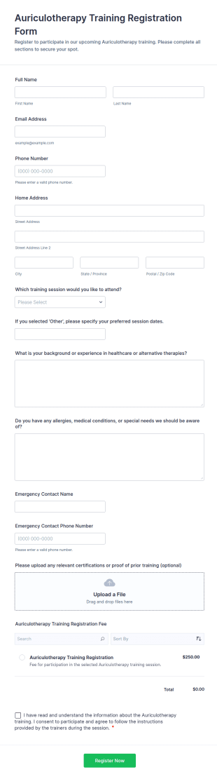 Auriculotherapy Training Registration Form Template