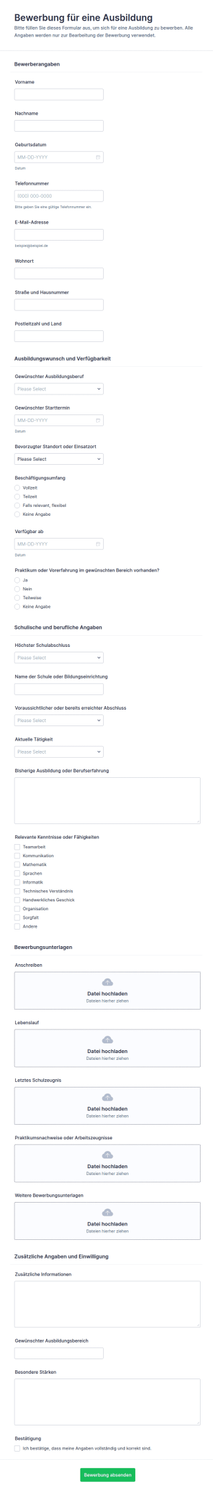 Ausbildungsbewerbung Formular