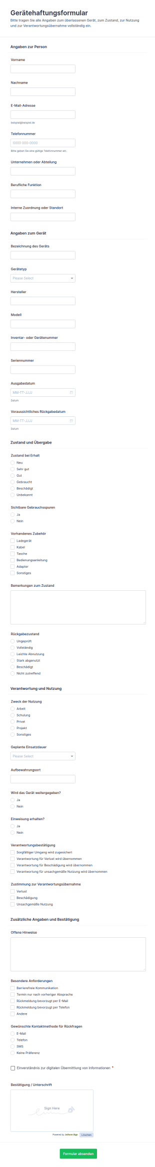 Ausrüstungs Haftungsformular