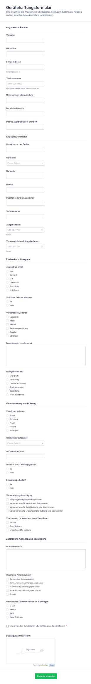 Ausrüstungs Haftungsformular