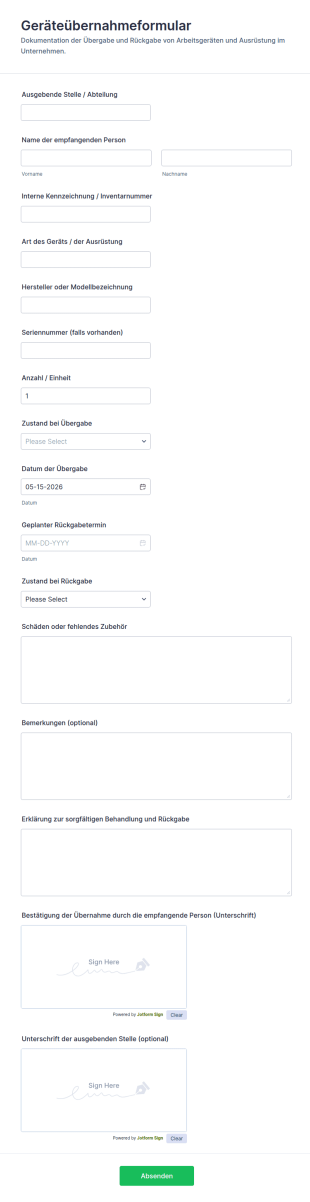 Ausrüstungsempfangsformular
