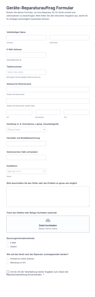 Ausrüstungsreparaturanfrage Formular