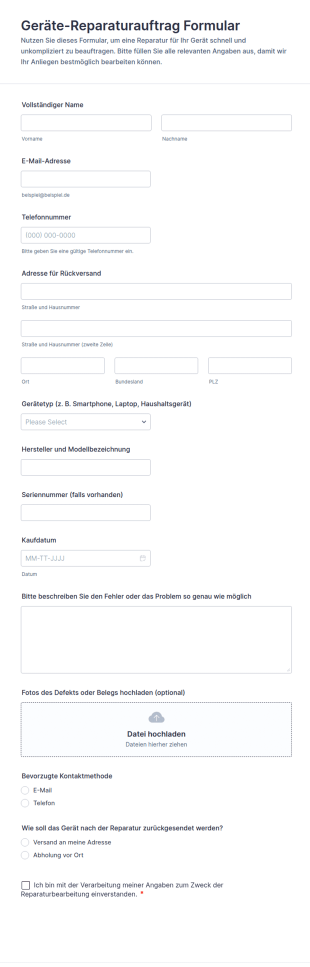 Ausrüstungsreparaturanfrage Formular