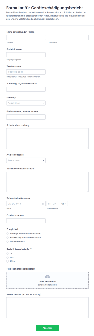 Ausrüstungsschadensmeldung Formular