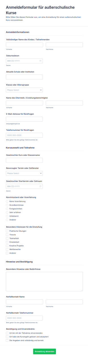 Anmeldeformular Für Außerschulische Kurse