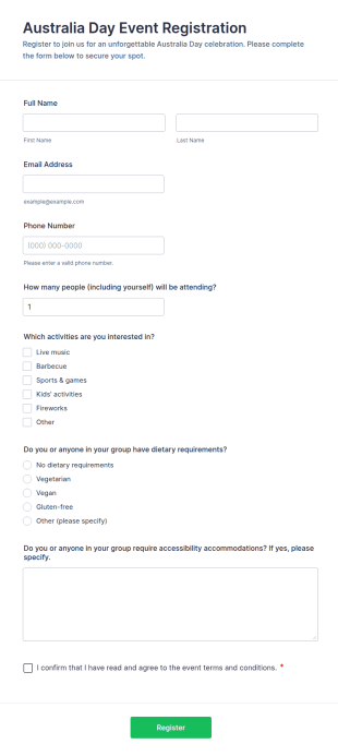 Australia Day Event Registration Form Template
