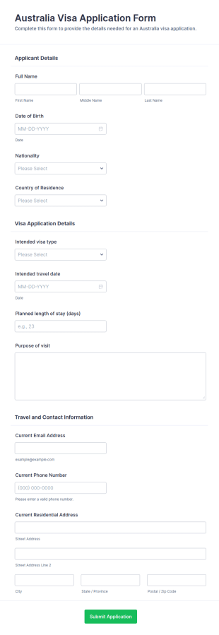 Australia Visa Application Form Template