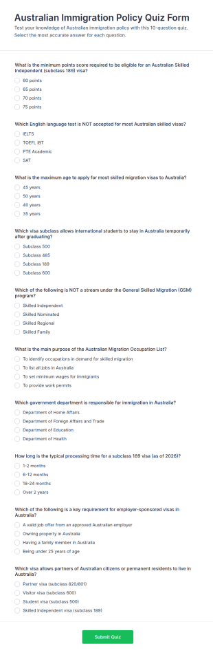 Australian Immigration Policy Quiz Form Template