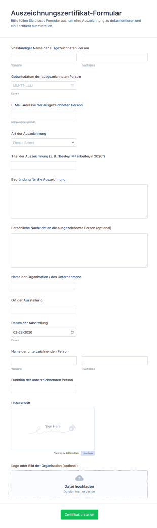 Auszeichnungszertifikat Formular