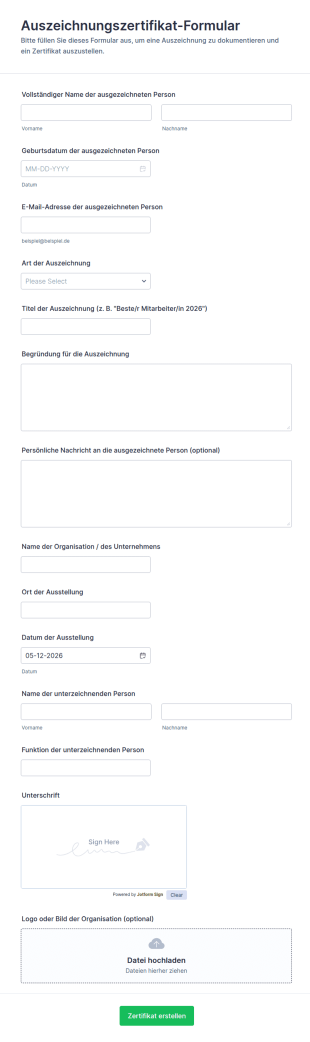 Auszeichnungszertifikat Formular