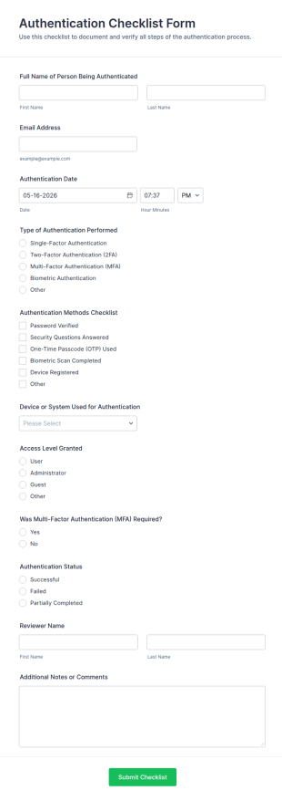 Authentication Checklist Form Template