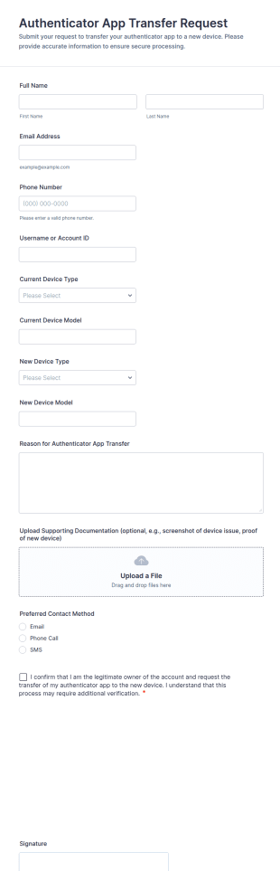 Authenticator App Transfer Request Form Template
