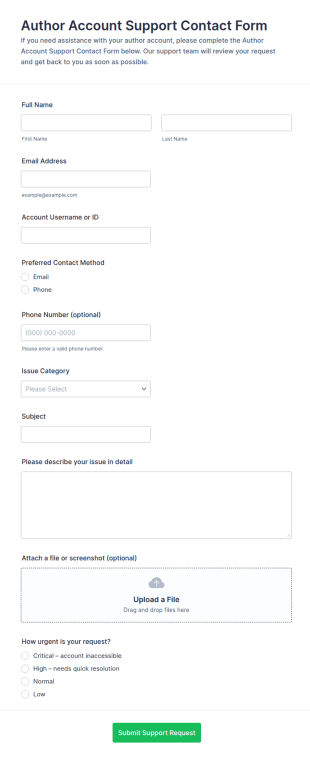 Author Account Support Contact Form Template