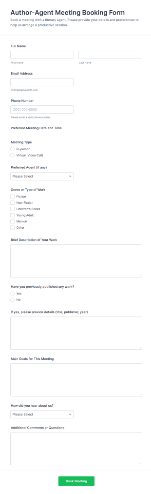 Author Agent Meeting Booking Form Template