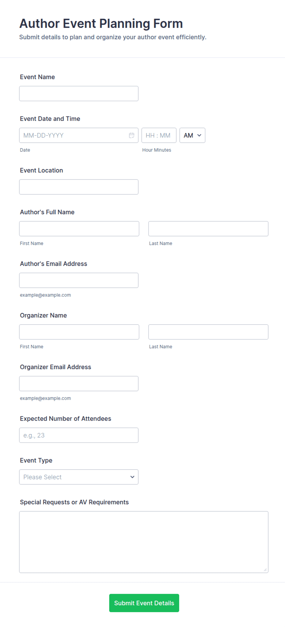 Author Event Planning Form Template | Jotform
