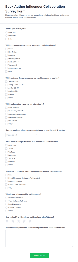 Author Influencer Collaboration Survey Form Template