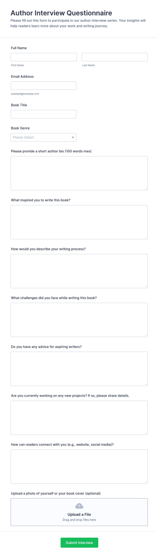 Author Interview Questionnaire Form Template