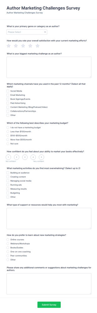 Author Marketing Challenges Survey Form Template