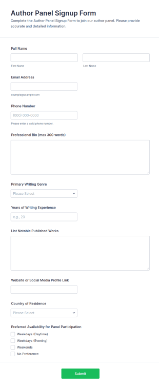 Author Panel Signup Form Template