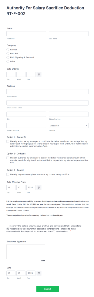 Authority For Salary Sacrifice Deduction Form Template