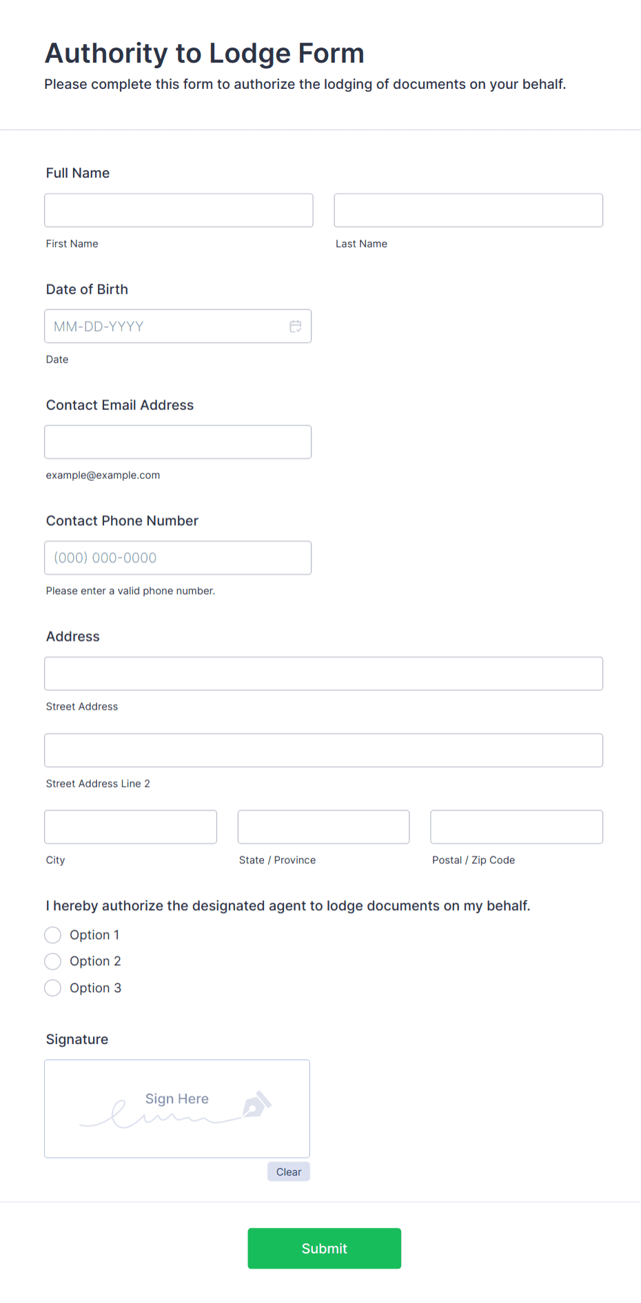 Authority to Lodge Form Template | Jotform