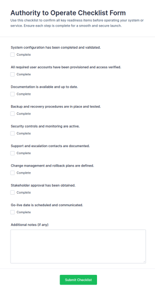 Authority To Operate Checklist Form Template