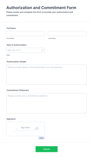 Authorization And Commitment Form Form Template