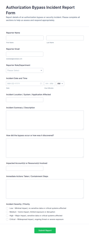 Authorization Bypass Incident Report Form Template