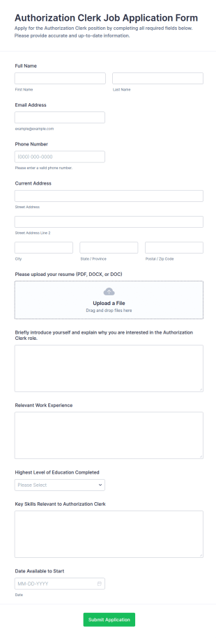 Authorization Clerk Job Application Form Template