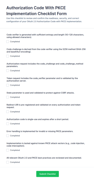 Authorization Code With PKCE Implementation Checklist Form Template