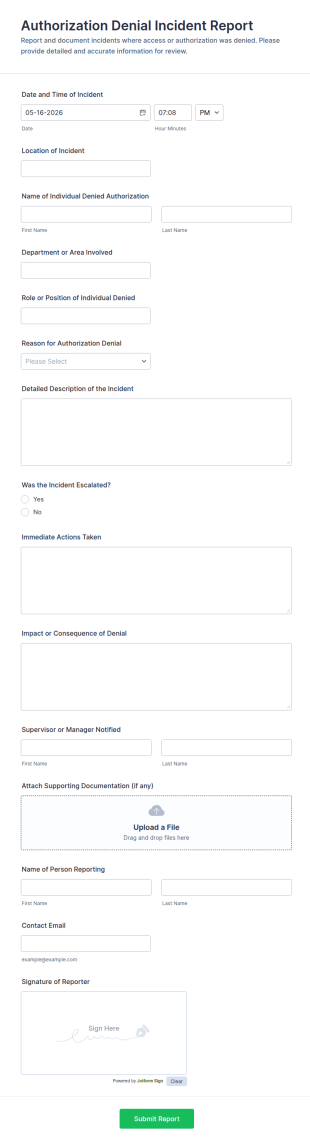 Authorization Denial Incident Report Form Template