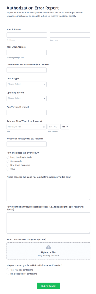 Authorization Error Report Form Template