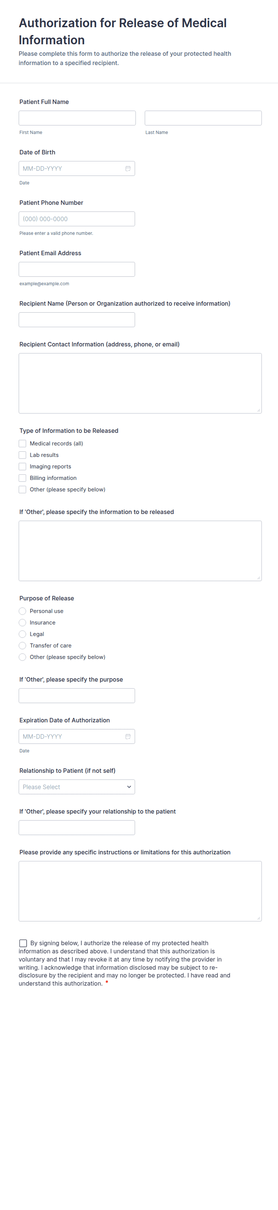 Authorization for Release of Medical Information Form Template | Jotform