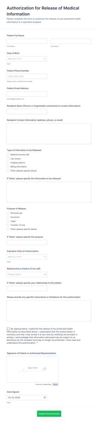 Authorization For Release Of Medical Information Form Template