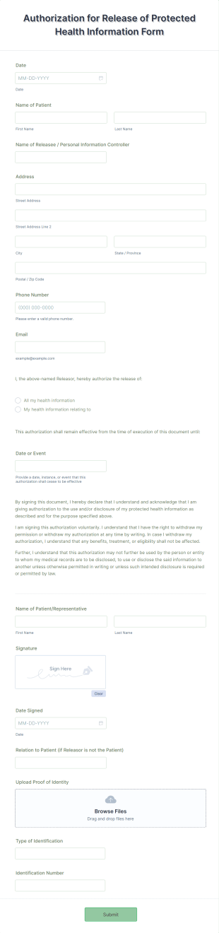 Authorization For Release Of Protected Health Information Form Template