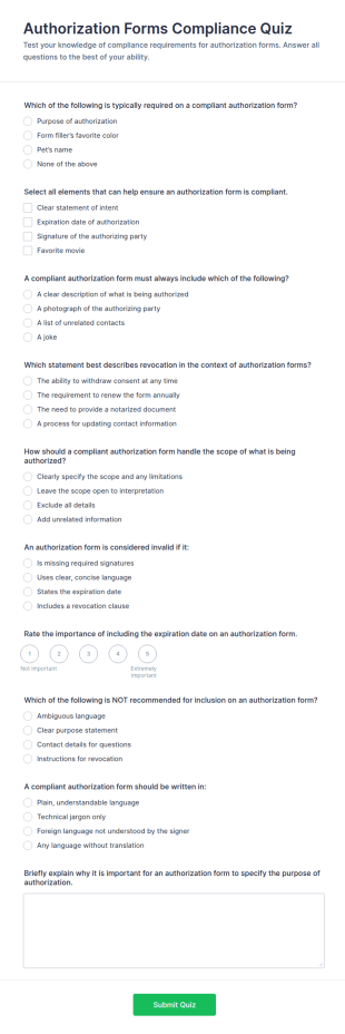 Authorization Forms Compliance Quiz Form Template