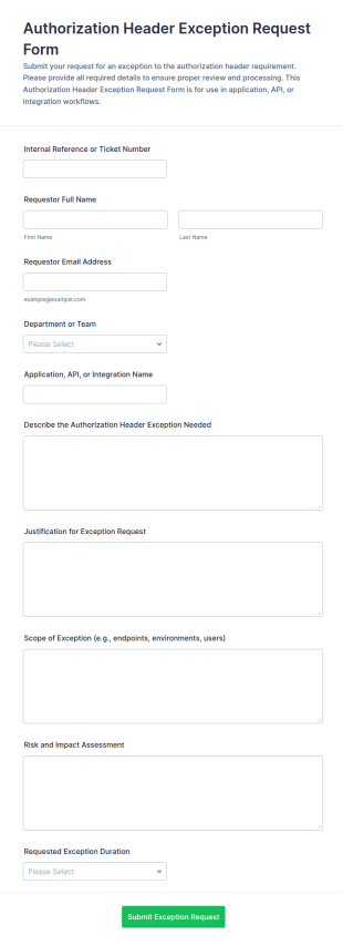 Authorization Header Exception Request Form Template