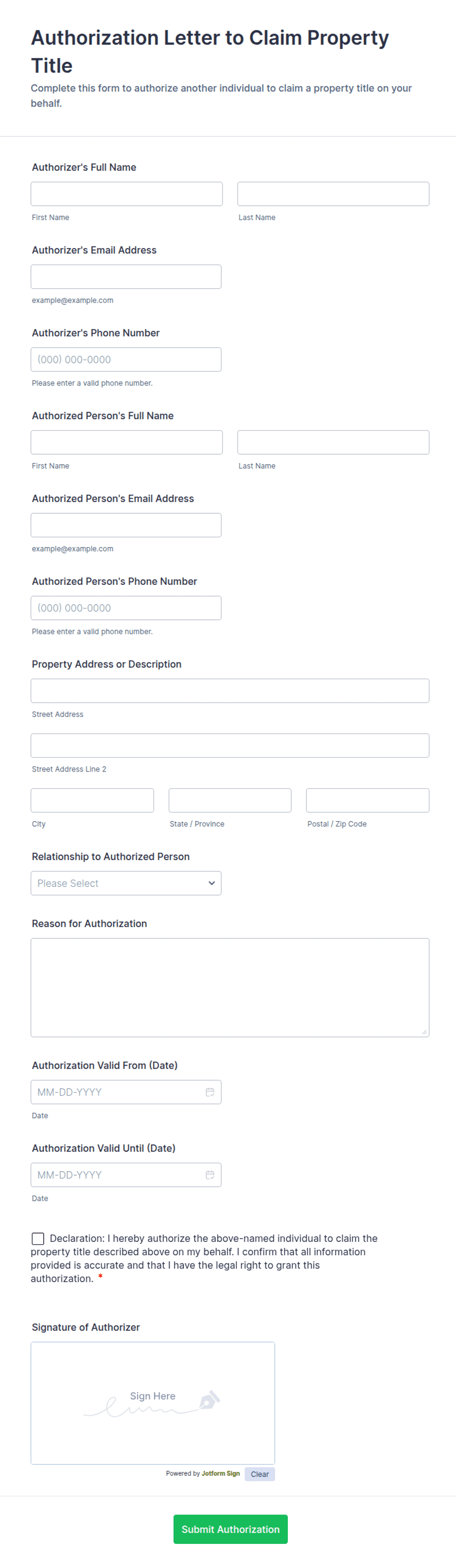 Authorization Letter to Claim Property Title Form Template | Jotform