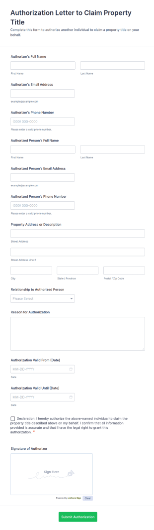 Authorization Letter To Claim Property Title Form Template