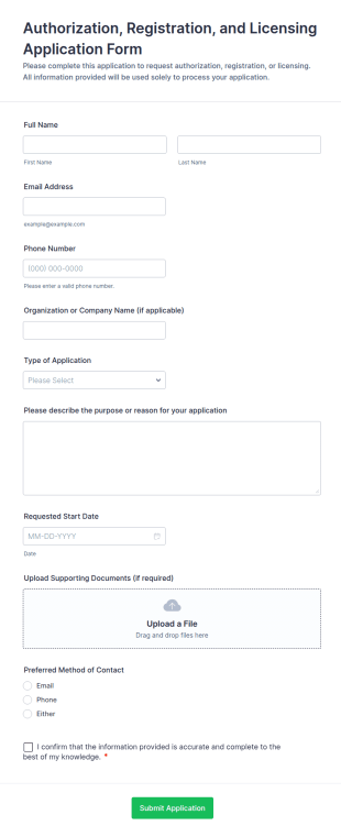 Authorization, Registration, And Licensing Application Form Template
