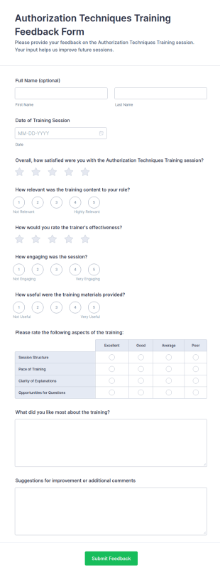 Authorization Techniques Training Feedback Form Template