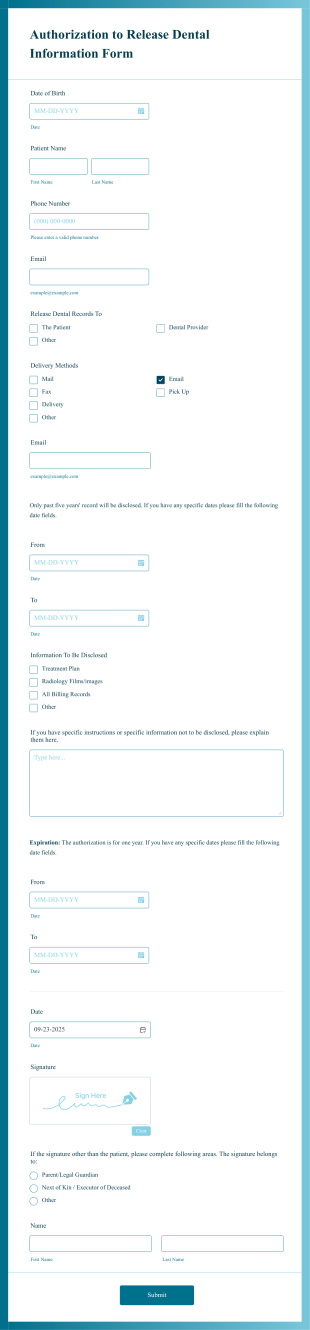 Authorization To Release Dental Information Form Template