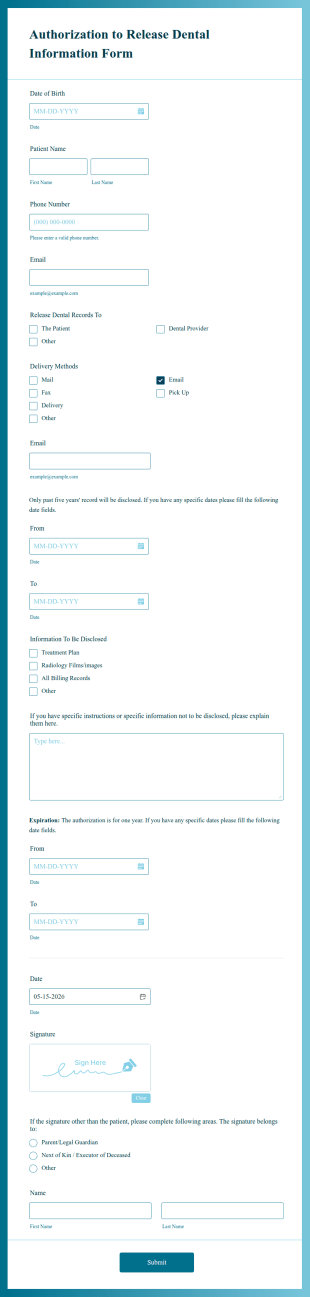 Authorization To Release Dental Information Form Template