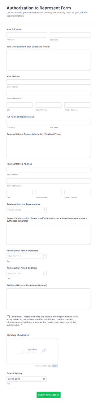 Authorization To Represent Form Template