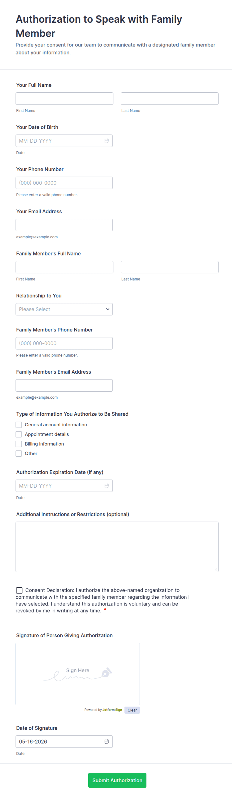 Authorization to Speak with Family Member Form Template | Jotform