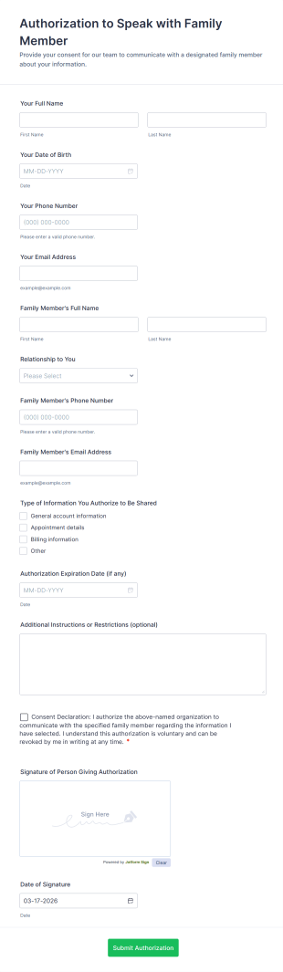 Authorization To Speak With Family Member Form Template