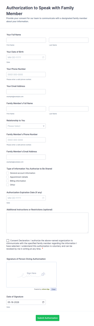 Authorization To Speak With Family Member Form Template